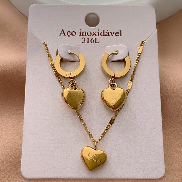 COLAR E BRINCO KIT ARGOLINHAS CORAÇÕES LOVE BOLEADOS DOURADO AÇO 316L⭐️