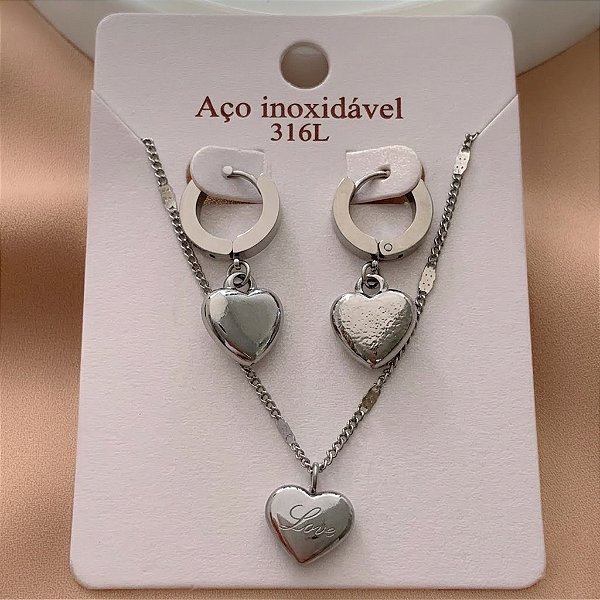 COLAR E BRINCO KIT ARGOLINHAS CORAÇÕES LOVE BOLEADOS AÇO 316L⭐️
