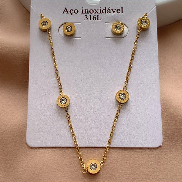 COLAR E BRINCO KIT PONTOS DE LUZ BORDA NÚMEROS ROMANOS DOURADO AÇO 316L⭐️