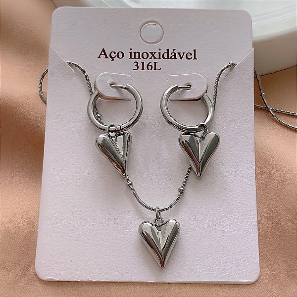 COLAR E BRINCO CORAÇÃO CLÁSSICO LISO AÇO 316L⭐️