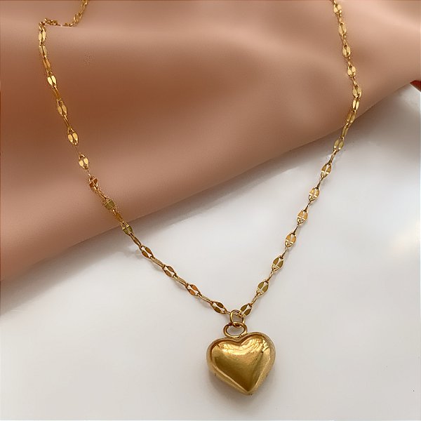 COLAR CORRENTE MINI ELOS DELICADOS CORAÇÃO BOLEADO DOURADO AÇO 316L⭐️