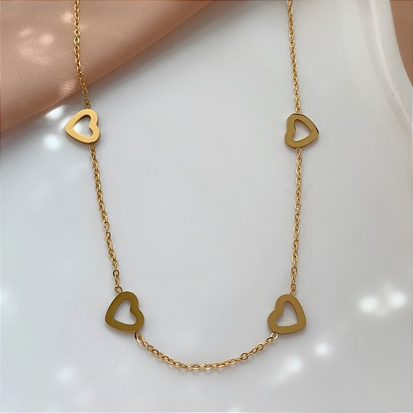 COLAR CORAÇÕES LISOS VAZADOS DOURADO AÇO 316L⭐️
