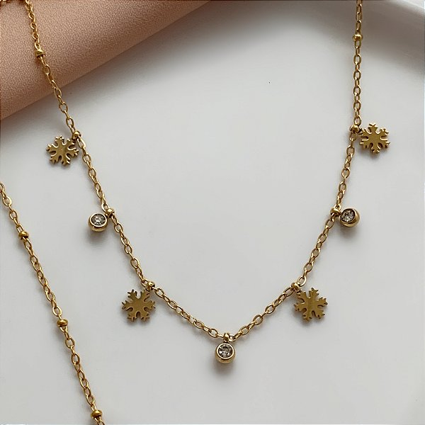 COLAR CORRENTE BOLINHAS PINGENTES PONTO DE LUZ E FLOQUINHOS DE NEVE DOURADO AÇO 316L⭐️