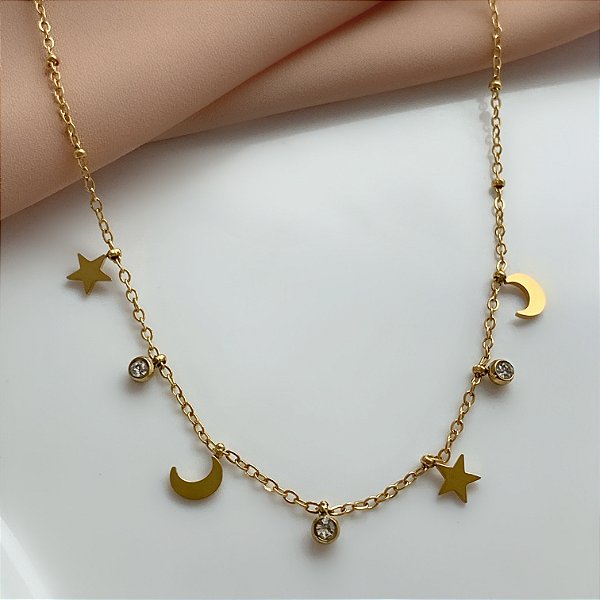 COLAR CORRENTE MINI BOLINHAS PINGENTES LUA E ESTRELAS DOURADO AÇO 316L⭐️
