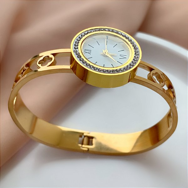 PULSEIRA / BRACELETE RELÓGIO TREVOS VAZADOS DOURADO AÇO 316L⭐️