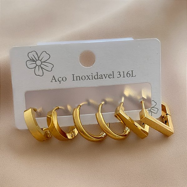 BRINCO KIT ARGOLAS REDONDAS E QUADRADA DOURADO AÇO 316L⭐️
