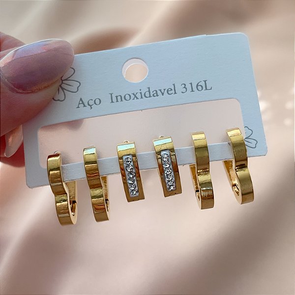 BRINCO KIT ARGOLINHAS CORAÇÕES FIOS ACHATADOS LISOS E ZIRCÔNIAS DOURADO AÇO 316L⭐️