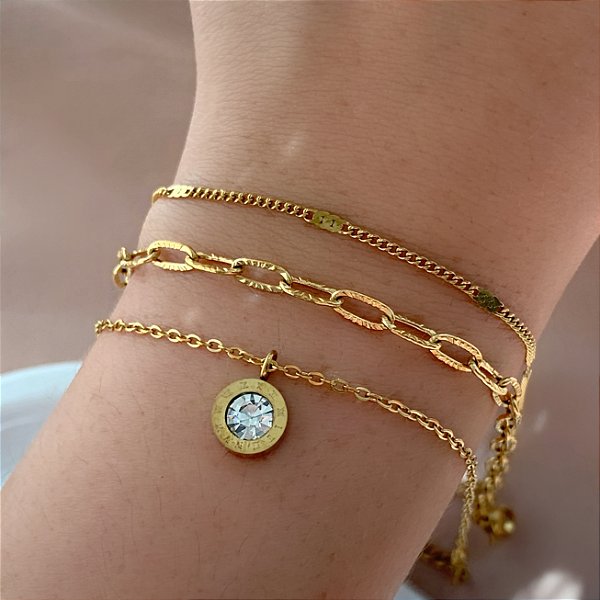 PULSEIRA KIT CORRENTE, PONTO DE LUZ E CORRENTE DETALHADA DOURADO AÇO 316L⭐️