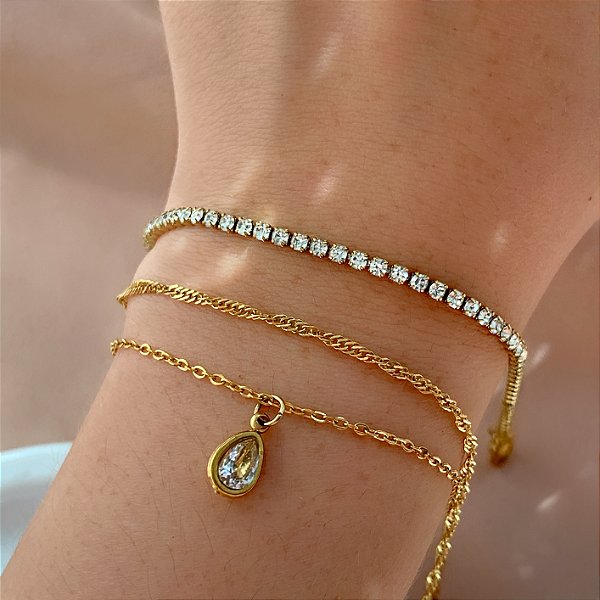 PULSEIRA KIT CORRENTE DETALHADA, RIVIERA E GOTA ZIRCÔNIA DOURADO AÇO 316L⭐️