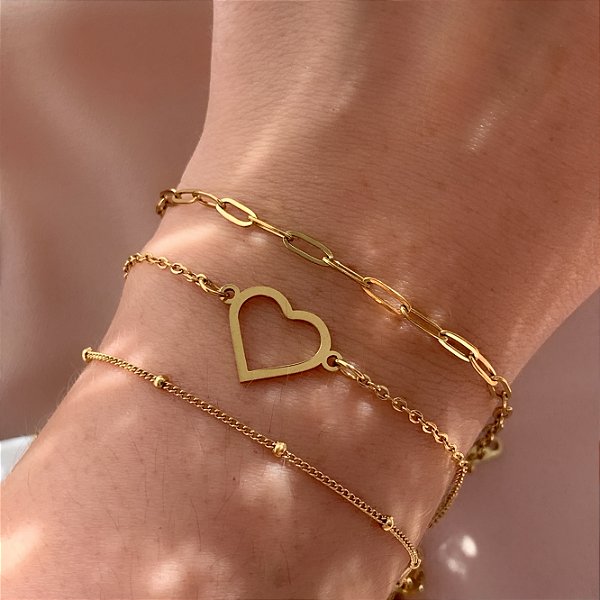 PULSEIRA KIT CORRENTE ,CORAÇÃO VAZADO E MINI BOLINHAS DOURADO AÇO 316L⭐️