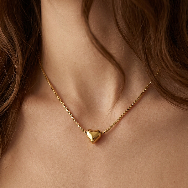 COLAR CORRENTE VENEZIANA PINGENTE CORAÇÃO BOLEADO CLÁSSICO LISO DOURADO AÇO 316L⭐️