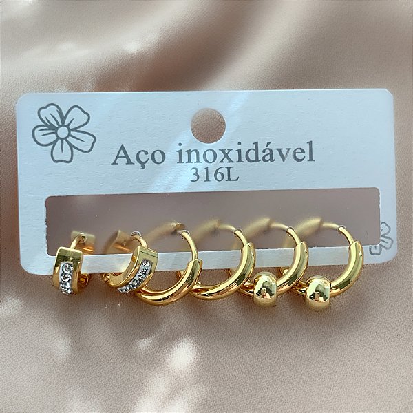 BRINCO KIT ARGOLINHAS DIFERENTES DETALHES ZIRCÔNIAS E LISAS DOURADO AÇO 316L⭐️