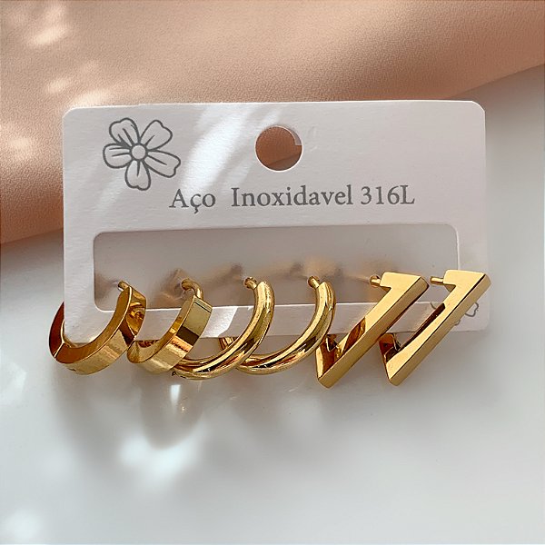 BRINCO KIT ARGOLINHAS TRIÂNGULOS E REDONDAS LISAS DOURADO AÇO 316L⭐️