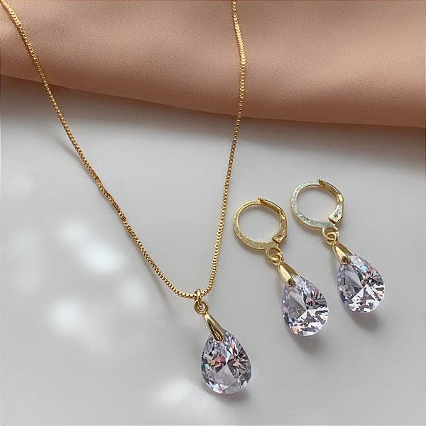 COLAR E BRINCO KIT GOTA PEDRA ZIRCÔNIA FOLHEADO A OURO 18K⭐