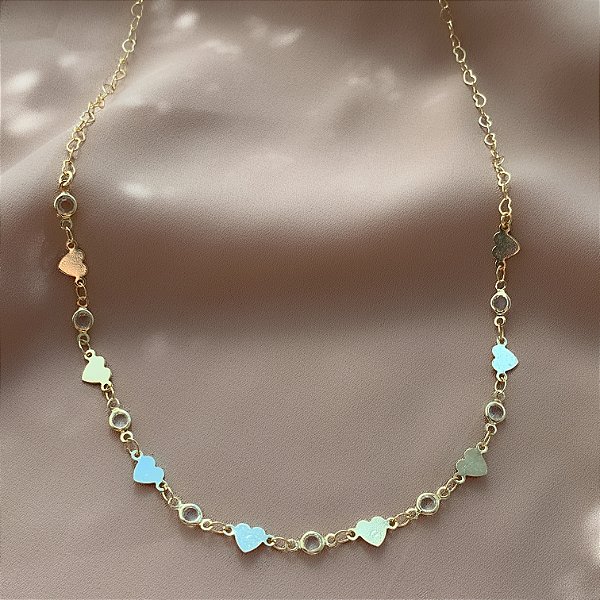 COLAR PLAQUINHAS CORAÇÕES E CRISTAIS FOLHEADO A OURO 18K⭐