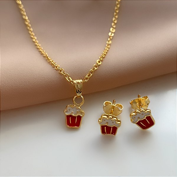 COLAR E BRINCO KIT INFANTIL BALDINHO DE PIPOCA FOLHEADO A OURO 18K⭐