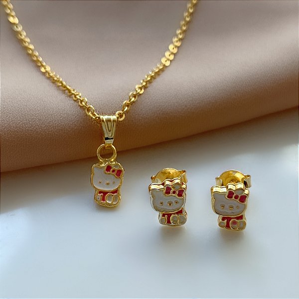 COLAR E BRINCO KIT INFANTIL GATINHA HELLO FOLHEADO A OURO 18K⭐
