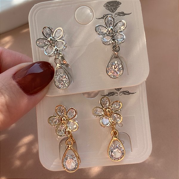 BRINCO DE PRESSÃO FLOR ZIRCÔNIAS PINGENTE GOTA PENDENTE LISO BIJU