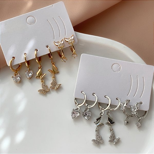 BRINCO KIT ARGOLINHAS BORBOLETAS ZIRCÔNIAS E CORAÇÃO PONTO DE LUZ BIJU