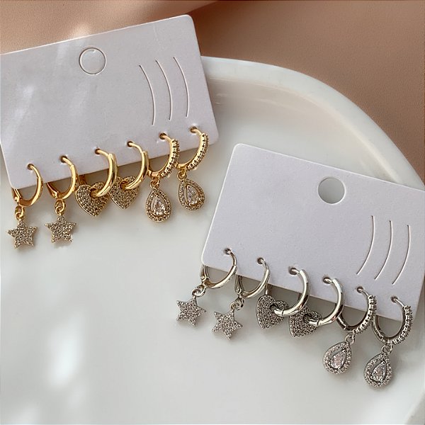 BRINCO KIT ARGOLINHAS CORAÇÃO, ESTRELA E GOTA ZIRCÔNIAS BIJU