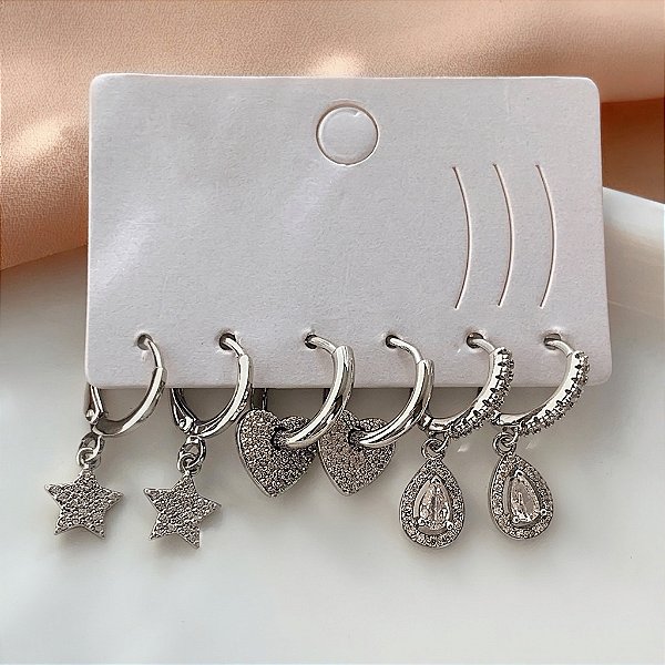 BRINCO KIT ARGOLINHAS CORAÇÃO, ESTRELA E GOTA ZIRCÔNIAS BIJU