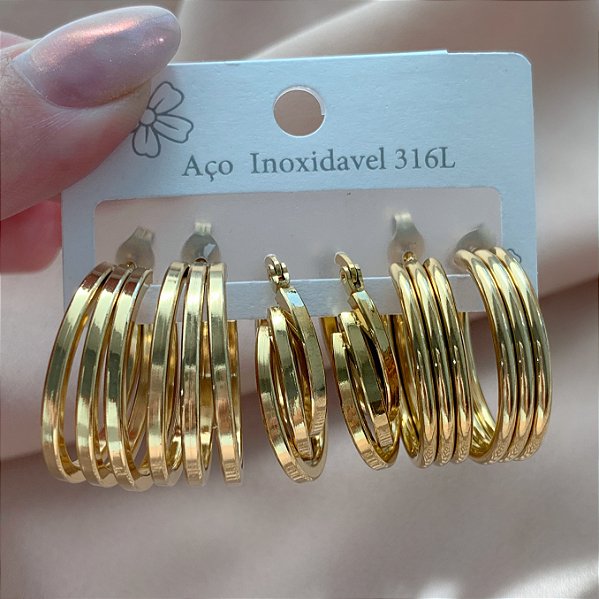 BRINCO KIT ARGOLAS DIFERENTES TRÊS FIOS DOURADO AÇO 316L⭐️