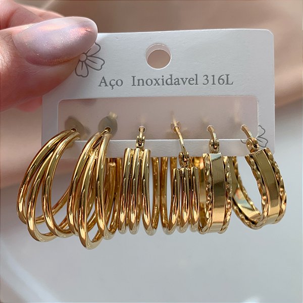 BRINCO KIT ARGOLAS DISTINTAS TRÊS FIOS DOURADO AÇO 316L⭐️