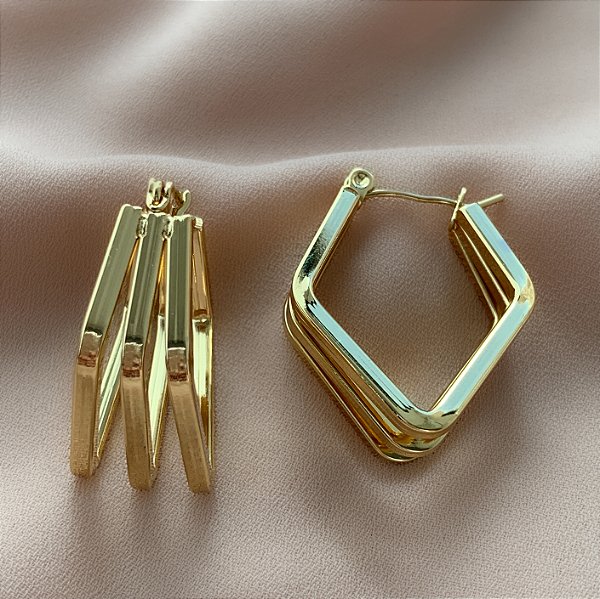 BRINCO ARGOLA LOSANGO TRÊS FIOS FECHO ITALIANO DOURADO AÇO 316L⭐️