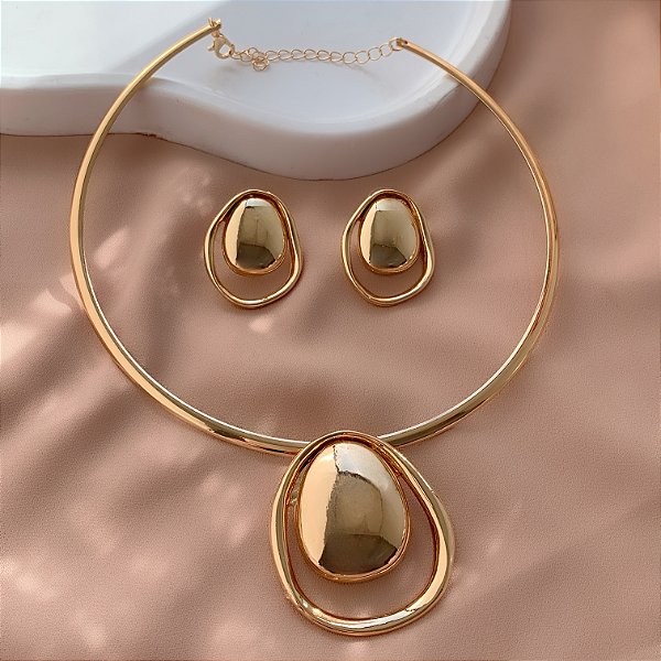 COLAR E BRINCO KIT ARO PINGENTE ORGÂNICO BIJU