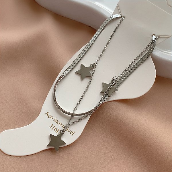 TORNOZELEIRA DUPLA FITA FINA E PINGENTE ESTRELA AÇO 316L⭐️