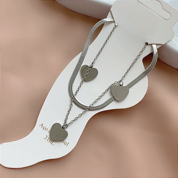 TORNOZELEIRA DUPLA FITA FINA E PINGENTE CORAÇÃO AÇO 316L⭐️