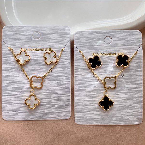 COLAR E BRINCO KIT GRAVATINHA TREVO RESINADO BORDA BOLINHA DOURADO AÇO 316L⭐️