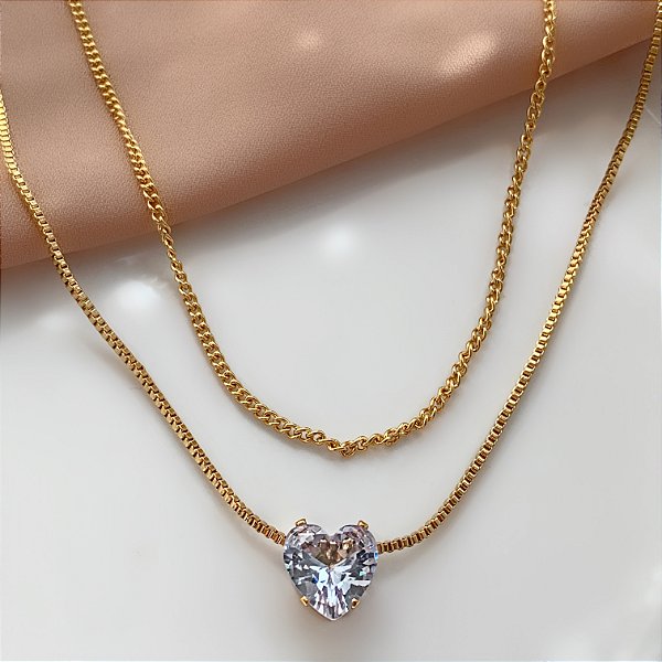 COLAR DUPLO CORAÇÃO PEDRA ZIRCÔNIA DOURADO AÇO 316L⭐️