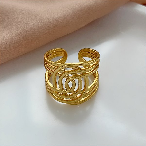 ANEL REGULÁVEL FIOS ENTRELAÇADOS DOURADO AÇO 316L⭐️