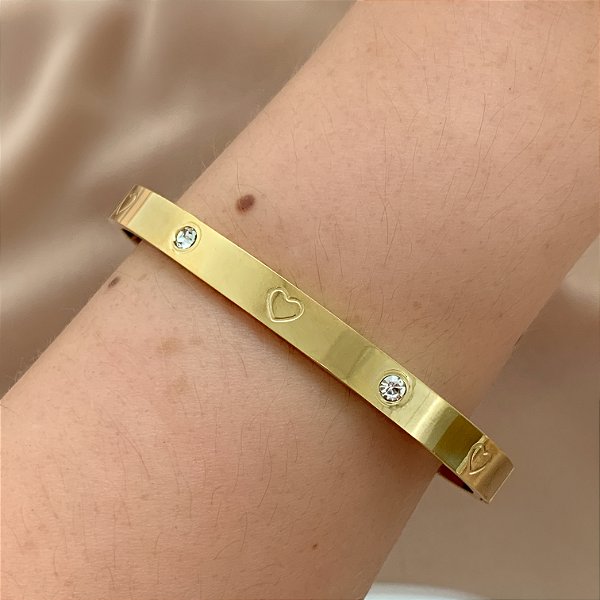 PULSEIRA / BRACELETE DESENHADO CORAÇÃO E ZIRCÔNIAS DOURADO AÇO 316L⭐️