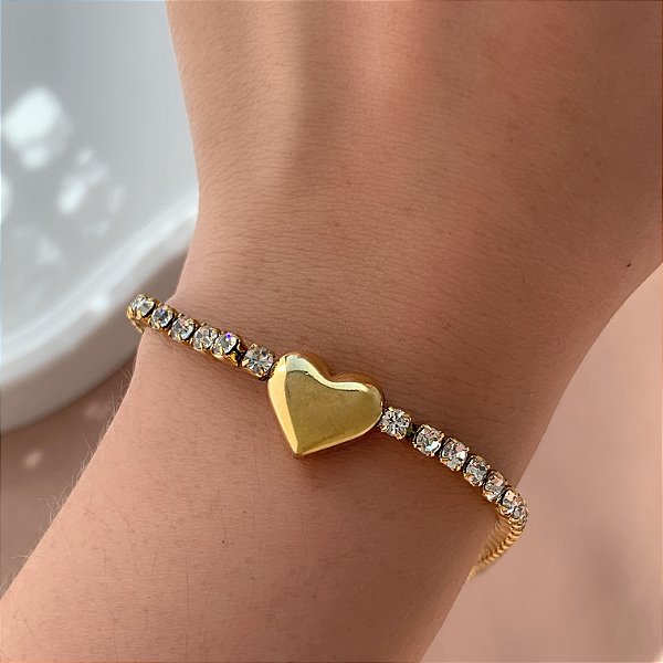 PULSEIRA RIVIERA PINGENTE CORAÇÃO LISO DOURADO AÇO 316L⭐️