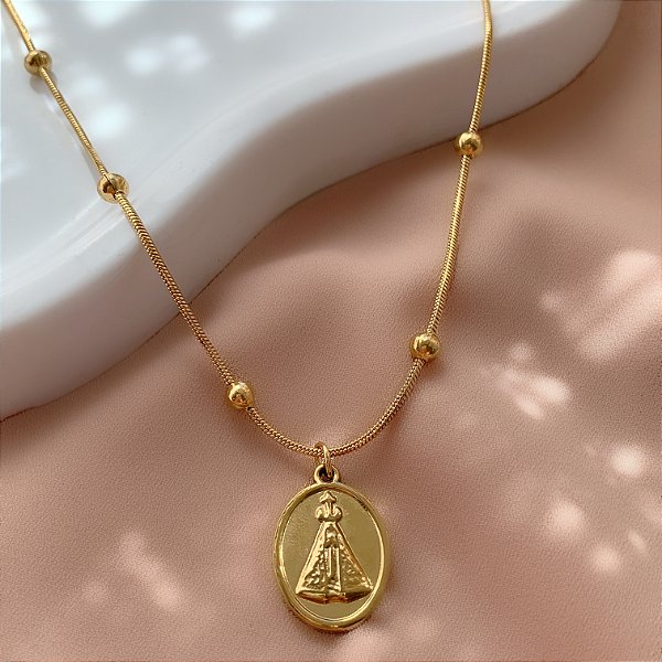 COLAR CORRENTE BOLINHAS PINGENTE NOSSA SENHORA DOURADO AÇO 316L⭐️