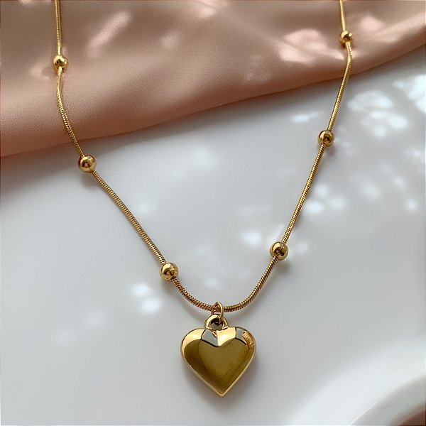COLAR CORRENTE BOLINHAS PINGENTE CORAÇÃO LISO DOURADO AÇO 316L⭐️