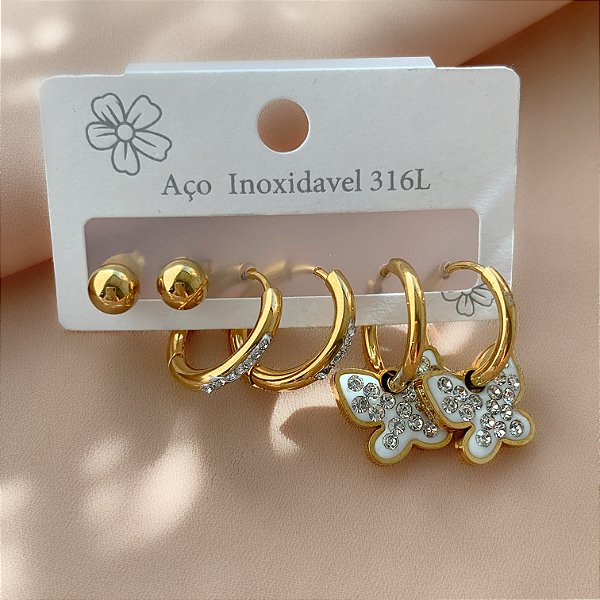 BRINCO KIT ARGOLINHAS BORBOLETA ZIRCÔNIAS DOURADO AÇO 316L⭐️
