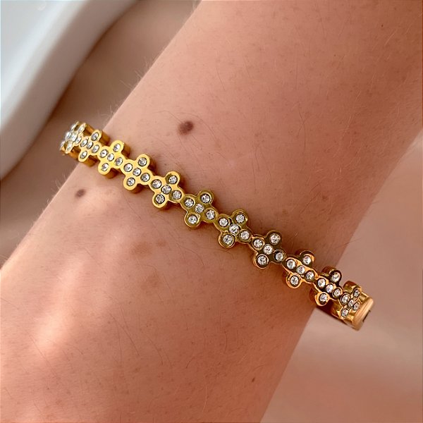PULSEIRA / BRACELETE MINI TREVOS ZIRCÔNIAS DOURADO AÇO 316L⭐️