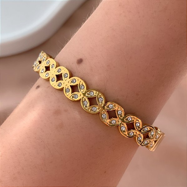 PULSEIRA / BRACELETE TREVOS VAZADOS ZIRCÔNIAS DOURADO AÇO 316L⭐️