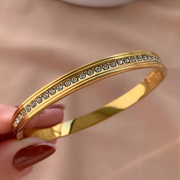 PULSEIRA / BRACELETE FIO ZIRCÔNIAS BORDA LISA DOURADO AÇO 316L⭐️