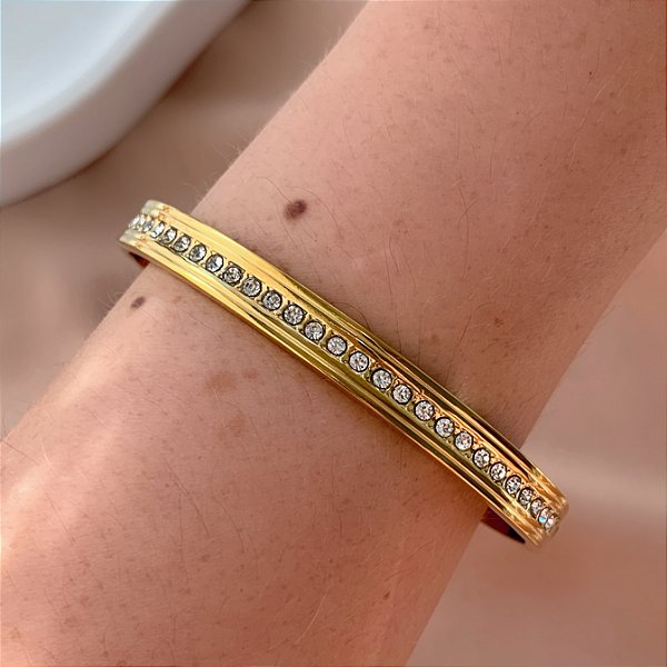 PULSEIRA / BRACELETE FIO ZIRCÔNIAS BORDA LISA DOURADO AÇO 316L⭐️