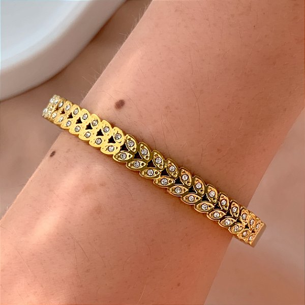 PULSEIRA / BRACELETE RAMINHOS ZIRCÔNIAS DOURADO AÇO 316L⭐️