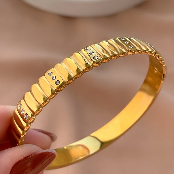 PULSEIRA / BRACELETE TRAÇOS VERTICAIS DETALHES ZIRCÔNIAS DOURADO AÇO 316L⭐️