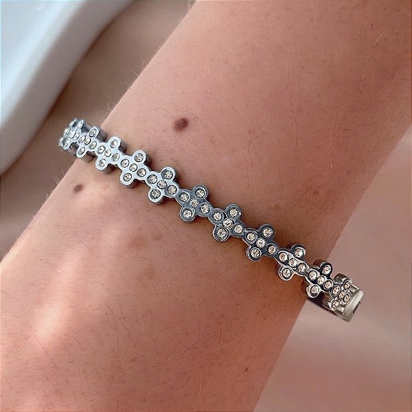 PULSEIRA / BRACELETE MINI TREVOS ZIRCÔNIAS AÇO 316L⭐️