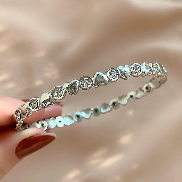 PULSEIRA / BRACELETE FILEIRA MINI CORAÇÕES LISOS E BOLINHAS ZIRCÔNIAS AÇO 316L⭐️