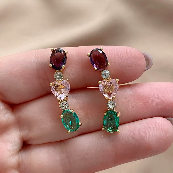 BRINCO EAR CUFF PEDRAS ZIRCÔNIAS OVAIS E CORAÇÃO DOURADO BIJU