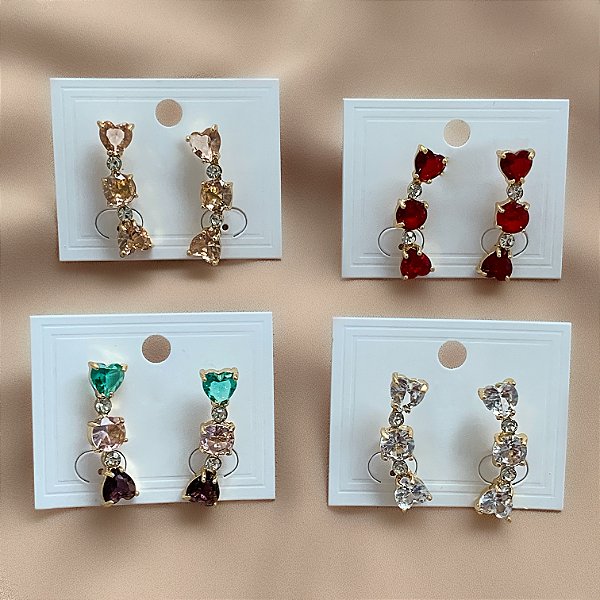BRINCO EAR CUFF PEDRAS ZIRCÔNIAS CORAÇÕES E BOLINHA DOURADO BIJU