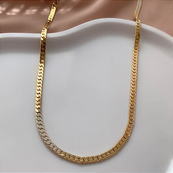 COLAR LONGO CORRENTE GRUMET DETALHADA ACHATADA DOURADO AÇO 316L⭐️